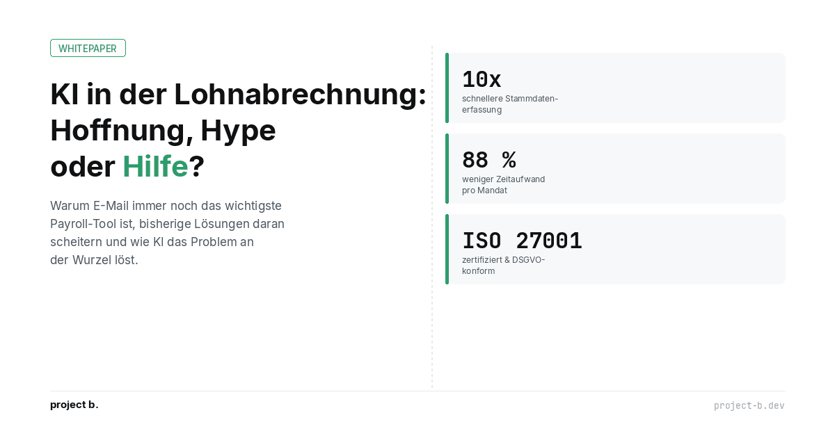 Cover des Whitepapers KI in der Lohnabrechnung mit Kennzahlen: 10x schnellere Stammdatenerfassung, 88 Prozent weniger Zeitaufwand, ISO 27001 zertifiziert.