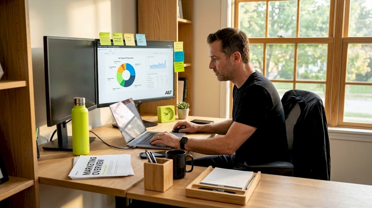 Marketer reviewing ad spend breakdown at desk