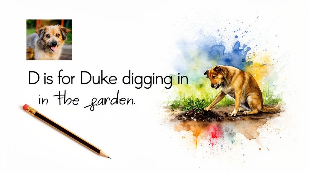 A cute scruffy dog portrait and a brown dog digging, with text 'D is for Duke digging in the garden'.