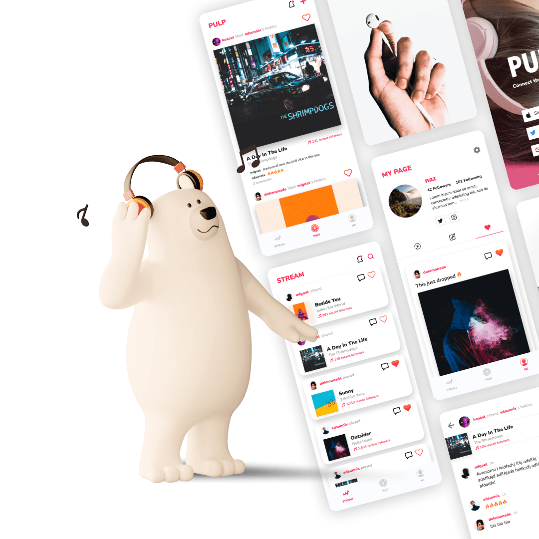 PULP music social media app UI and mascot character