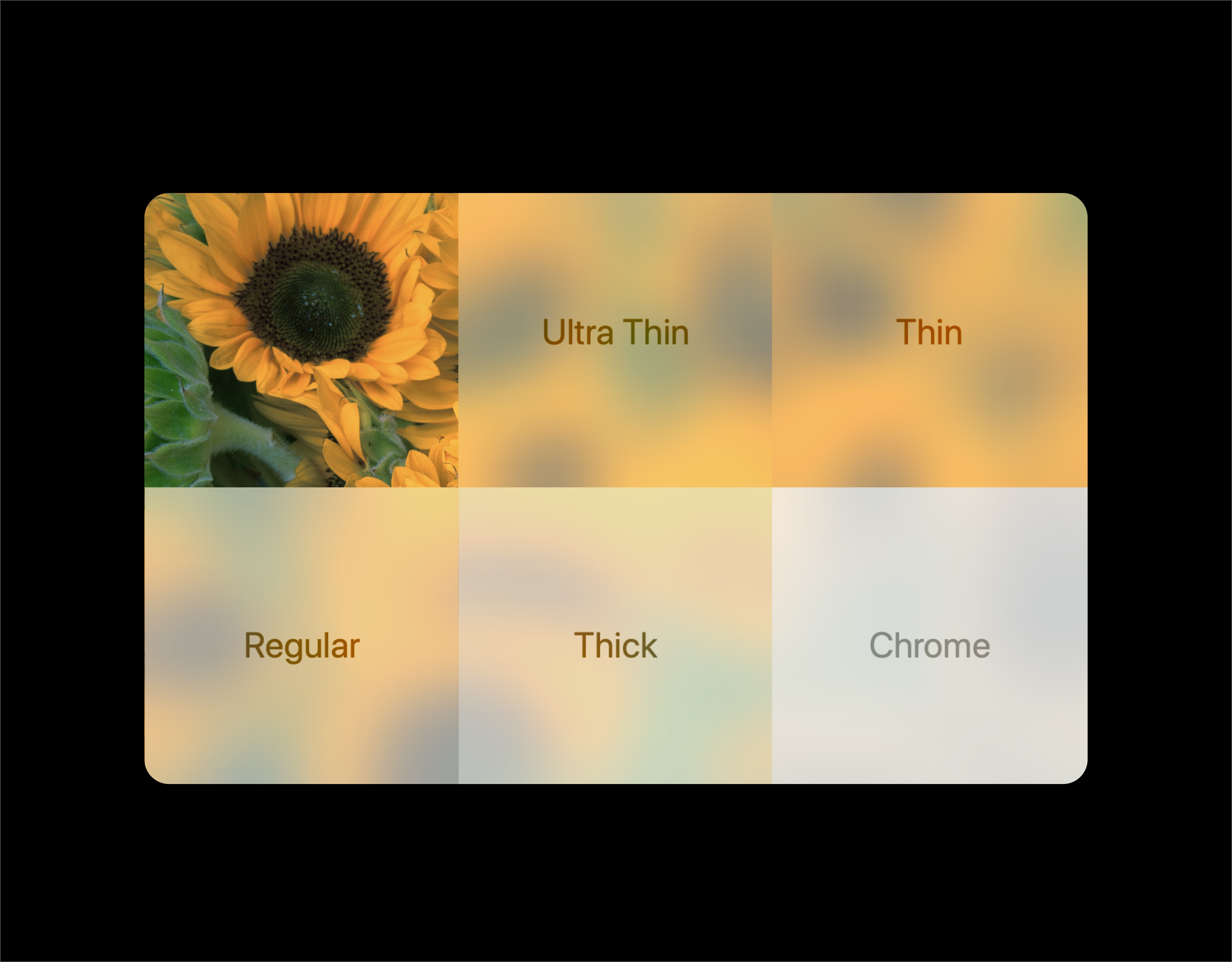 One background image with five different material blurs applied and labeled