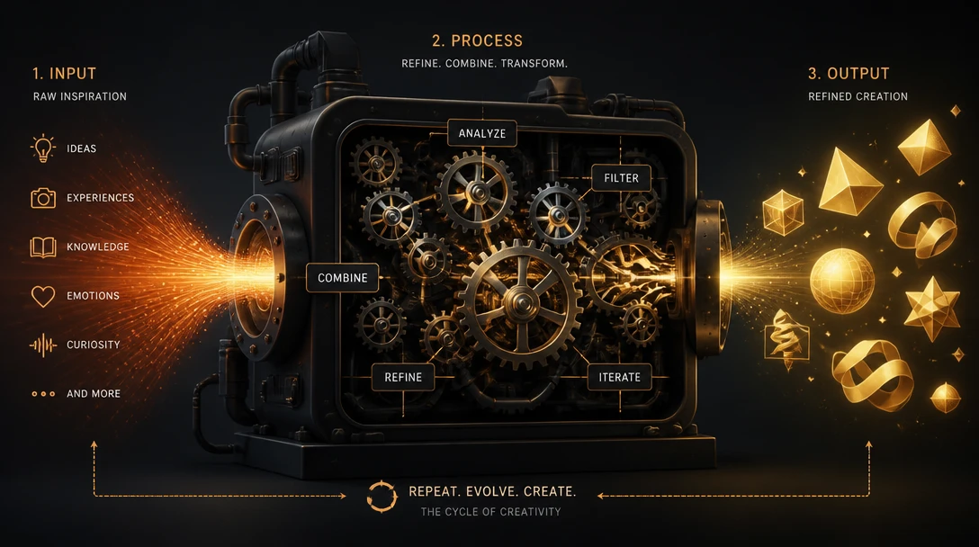 Strategic process showing human expertise being fed into a tool to create refined, high-value content.
