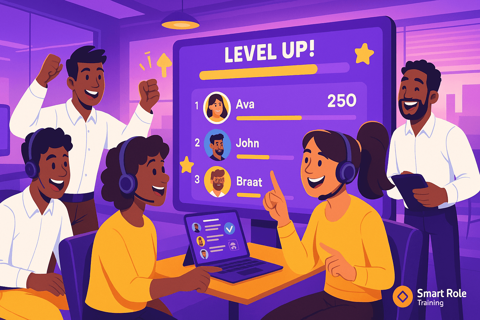 Dynamic illustration of a customerassez service team engaging in a gamified training session, interacting with a touchscreen leaderboard displaying points and badges, powered by Smart Role’s gamified training modules.