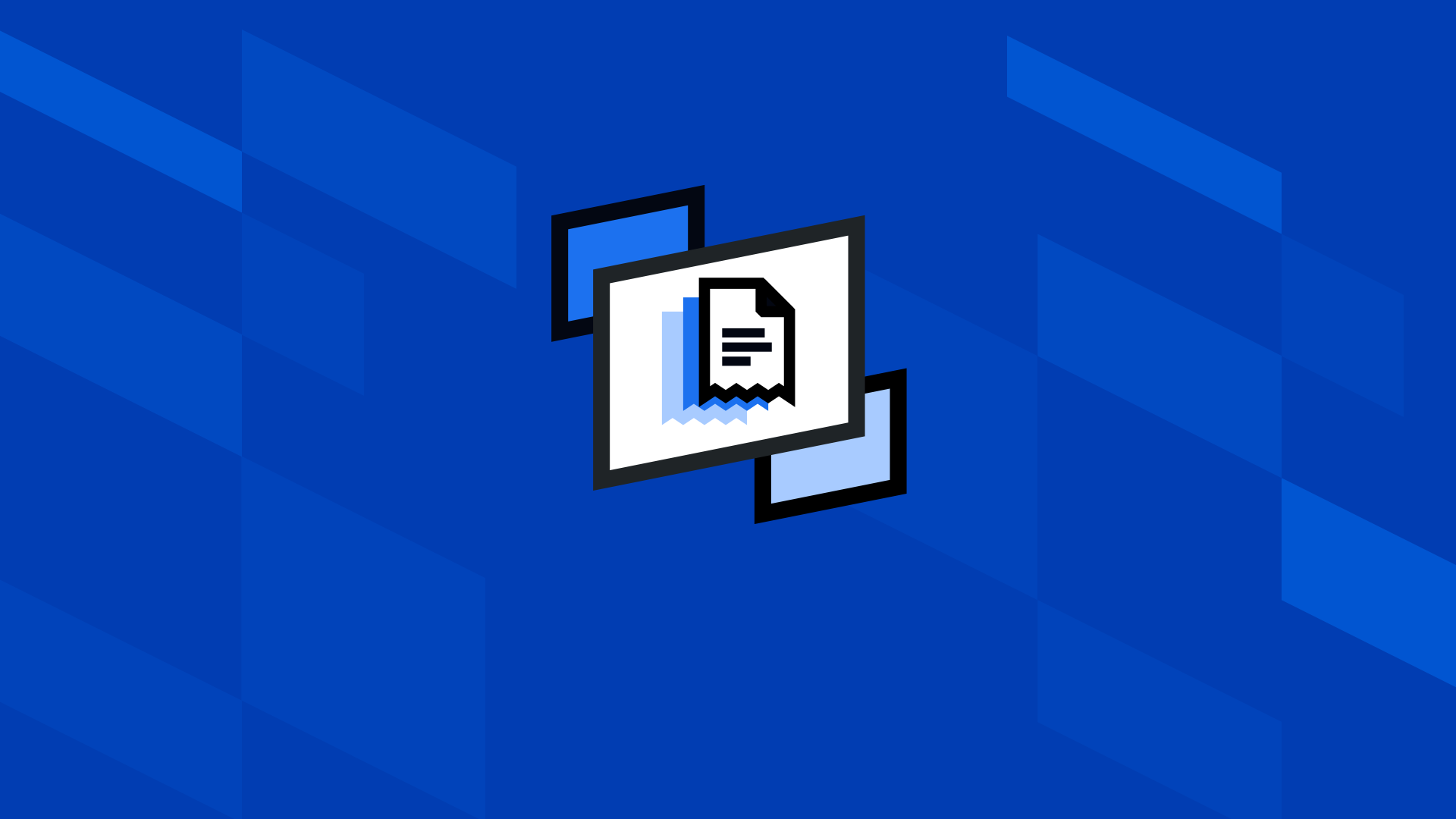 A precise, central graphic showing a digital e-invoice with a blue jagged shadow, positioned on a diagonal layered panel. The panel has two blue rectangular tabs floating above and below it, representing separate data components. The entire graphic is set against A-Cube’s gradient blue geometric pattern background. The authoritative design visually communicates technical integration and automated digital data flow.