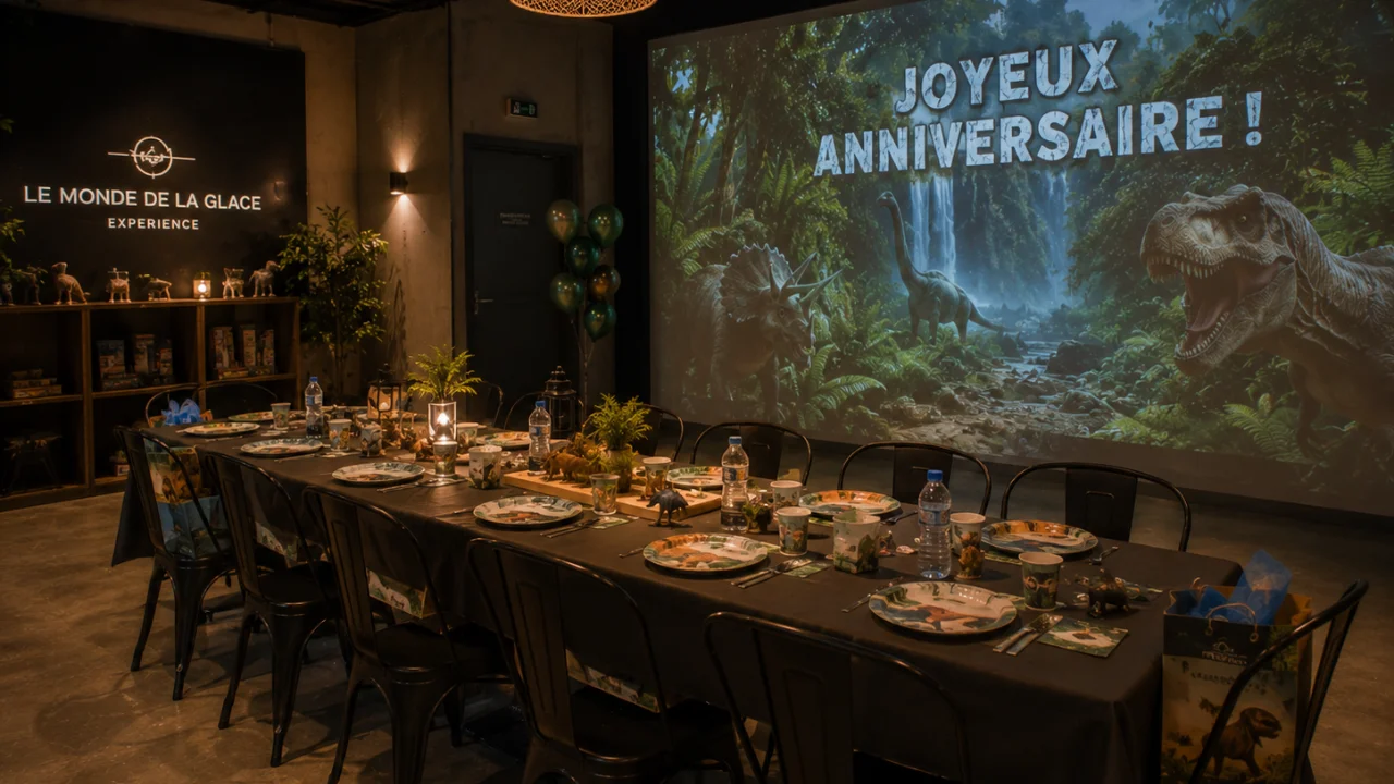 Une longue table d'anniversaire décorée sur le thème des dinosaures, avec un grand hologramme projeté de tyrannosaures et.