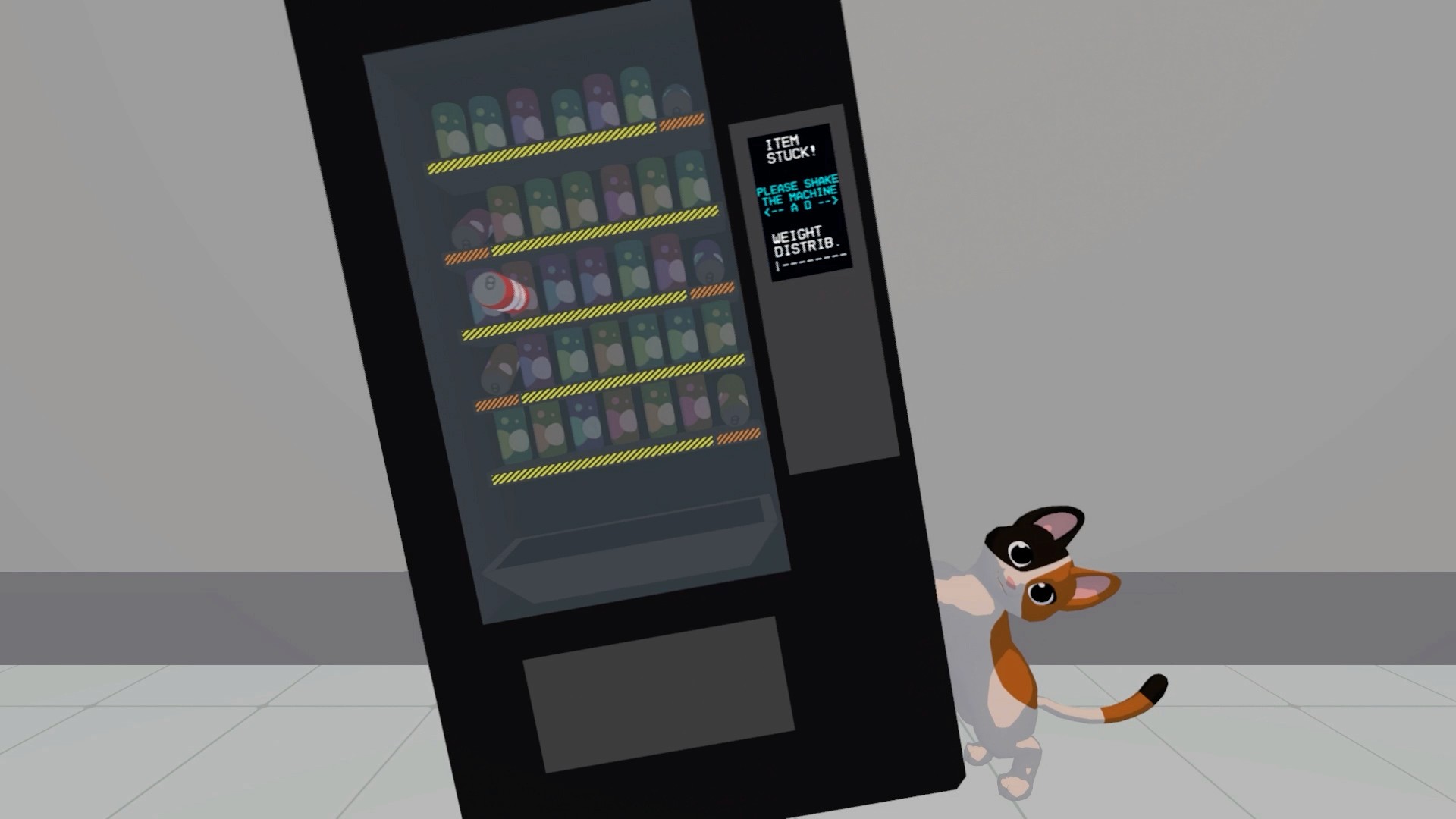Cat Secretary tipping the vending machine to free a soda stuck in the machine