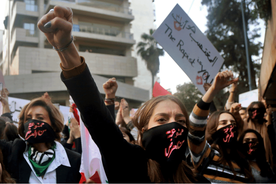 A group of protestors at a womens' rights demo in Beirut, Lebanon