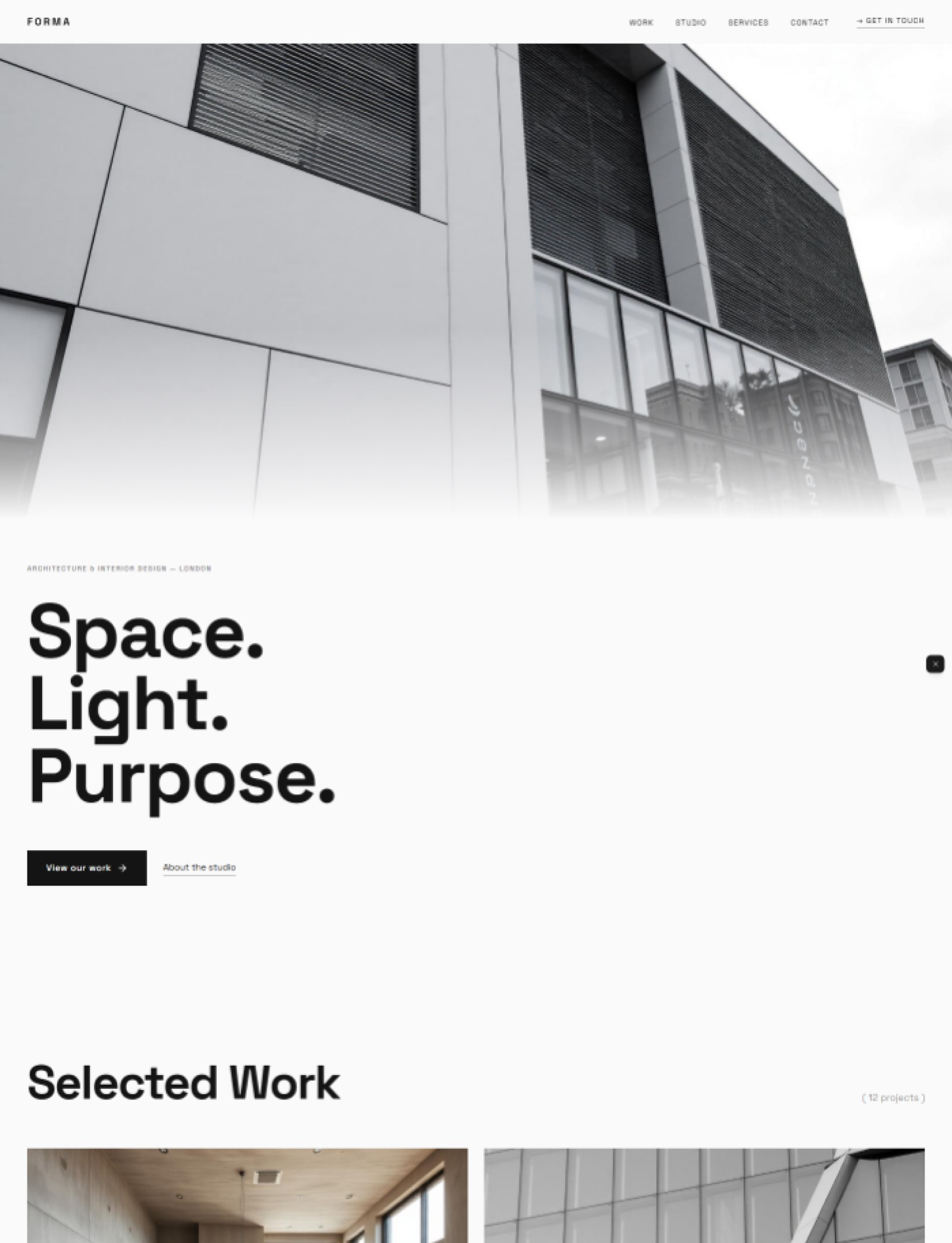 Architect website prompt — pure black and white ultra-minimal architecture firm portfolio website design preview