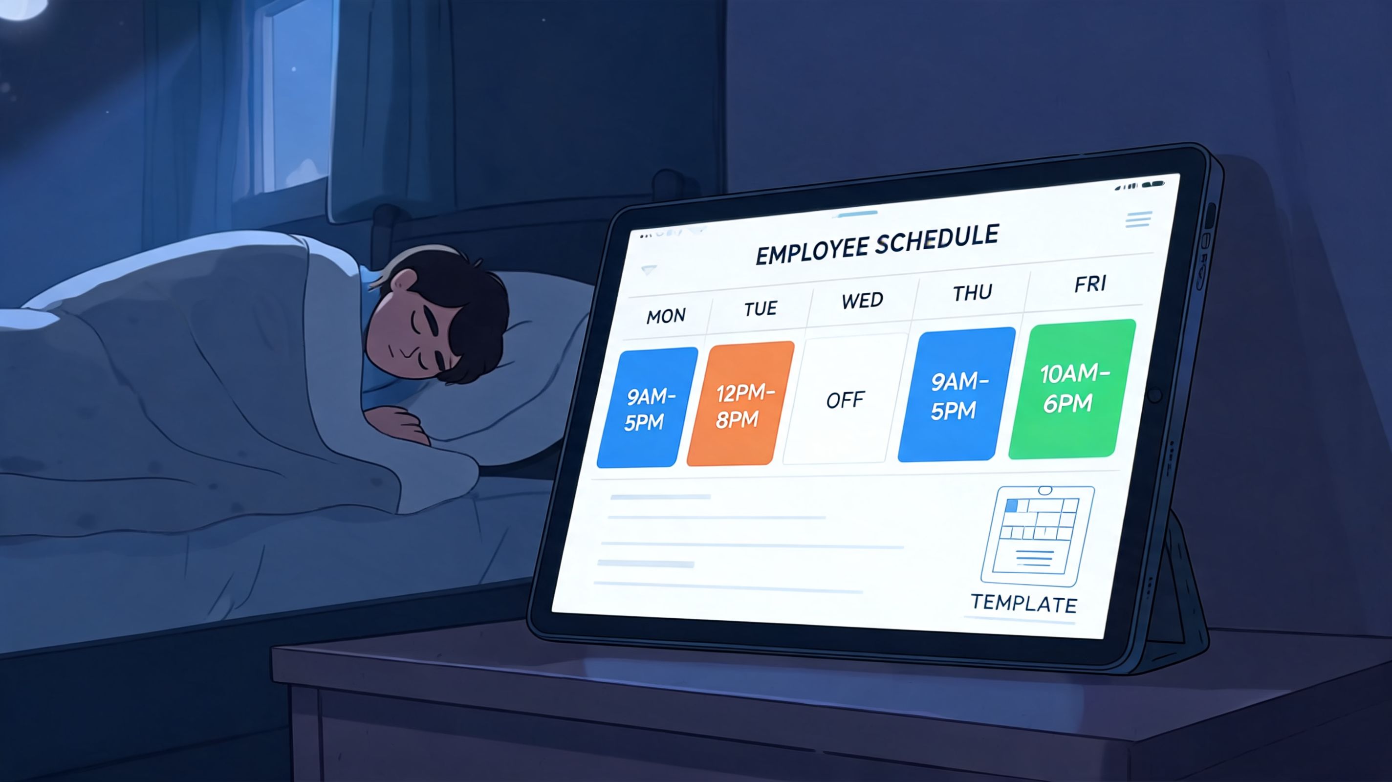 A person sleeping soundly in bed with an employee scheduling app displayed on a nearby tablet.