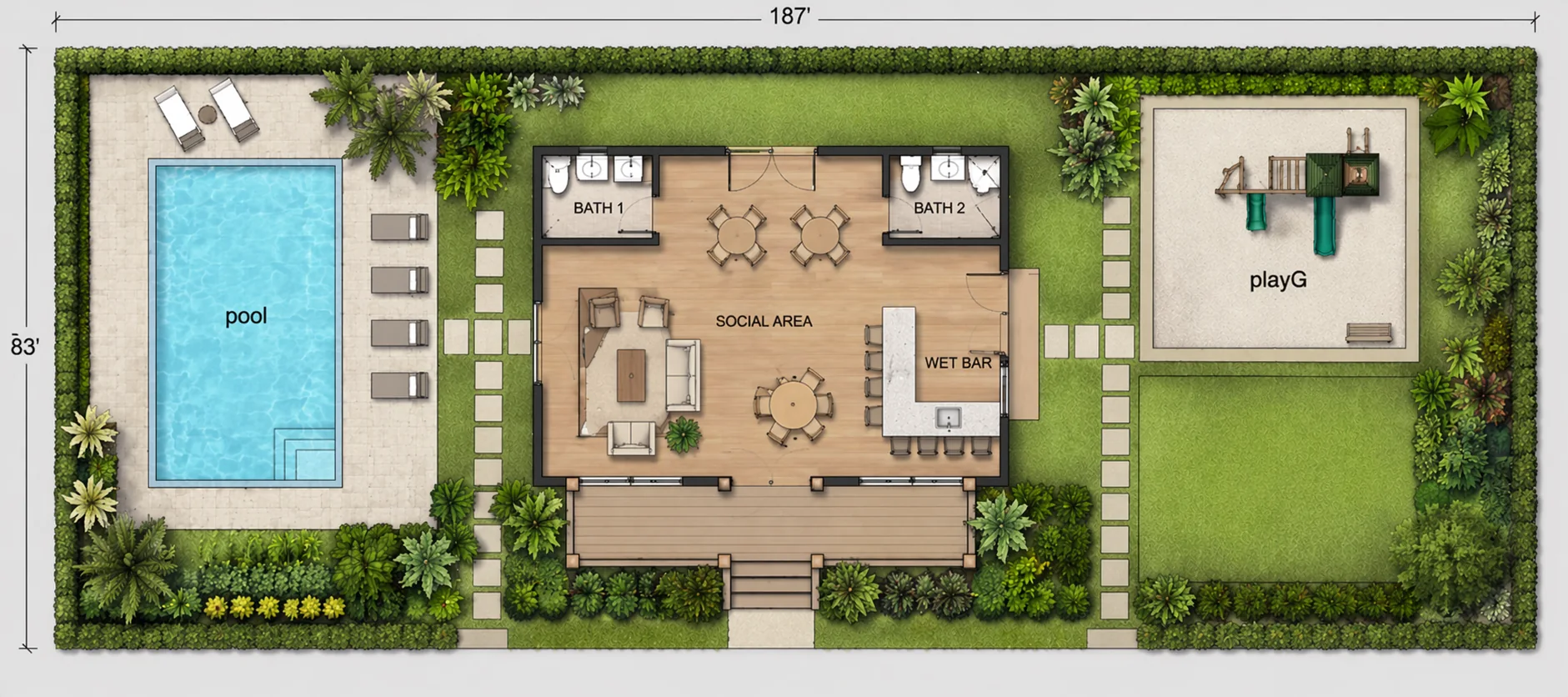 Conceptual render of Sunrise Grove community pool, playground, and commons pavilion