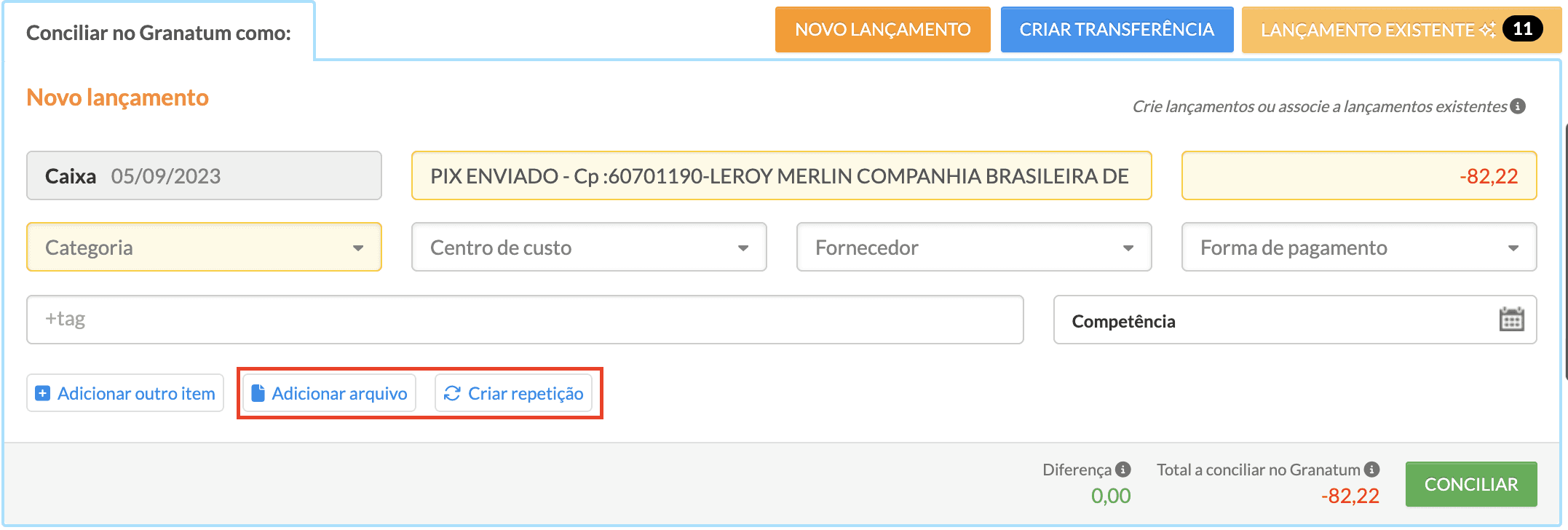 Importação Conciliação Integração bancária - Repetições e Anexos