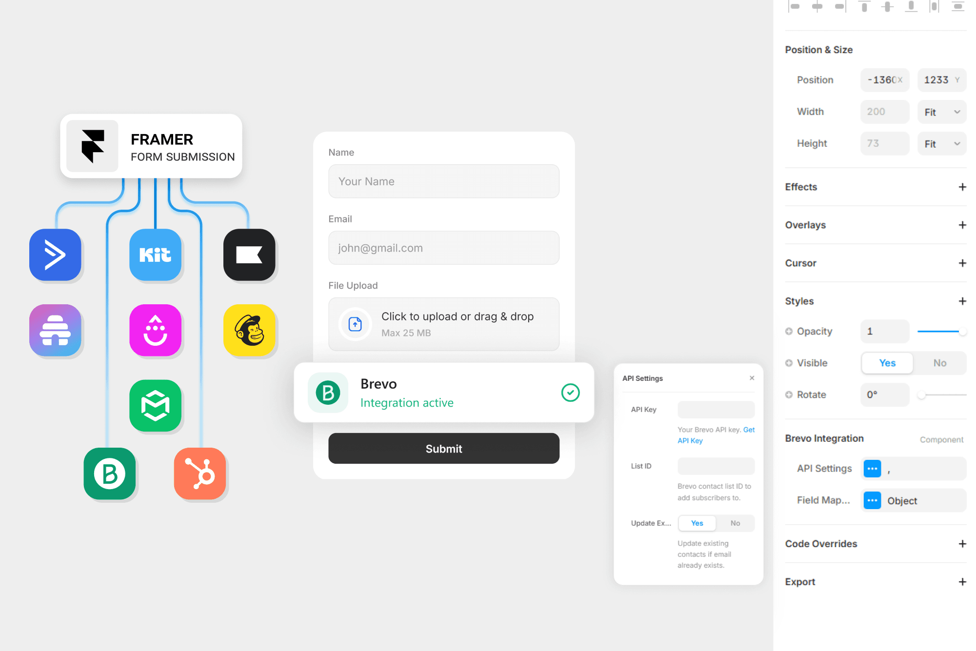 Framer form designer UI showing diverse app integrations.