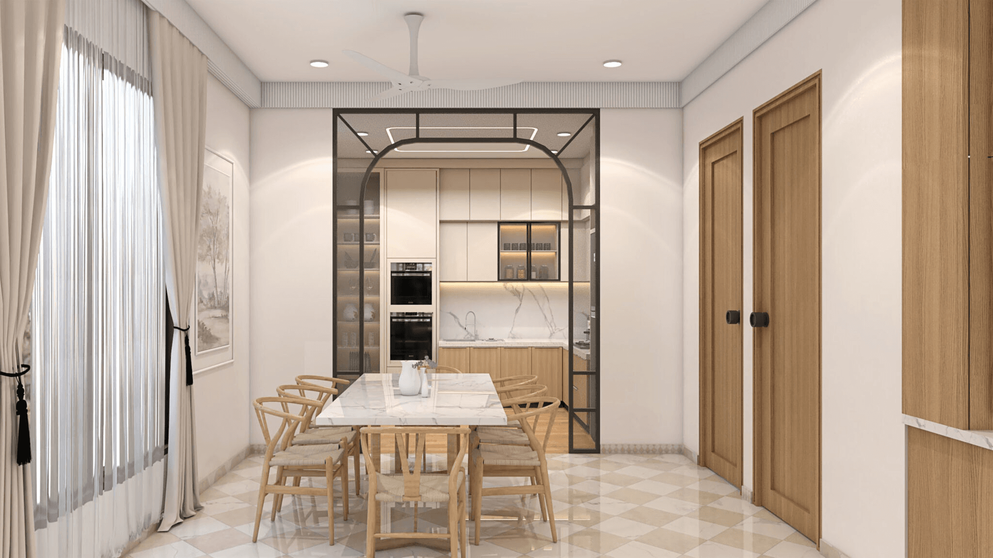 A modern white SUV is parked in a stylish driveway under a sleek carport. A woman in business attire walks towards the vehicle, conveying a professional tone.