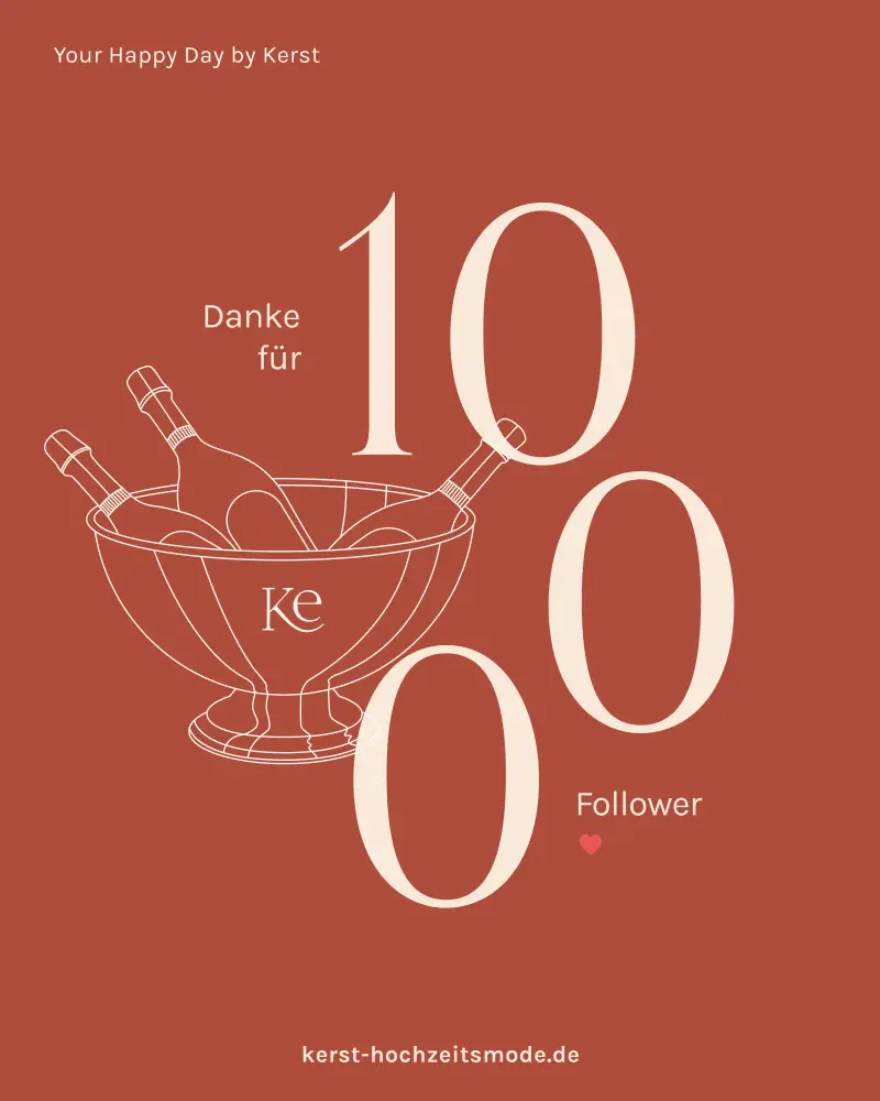 Social-Media-Grafik von Kerst Hochzeitsmode zur Feier von 1000 Followern mit Sektkühler-Illustration, Ke-Logo und Website auf terracottafarbenem Hintergrund.