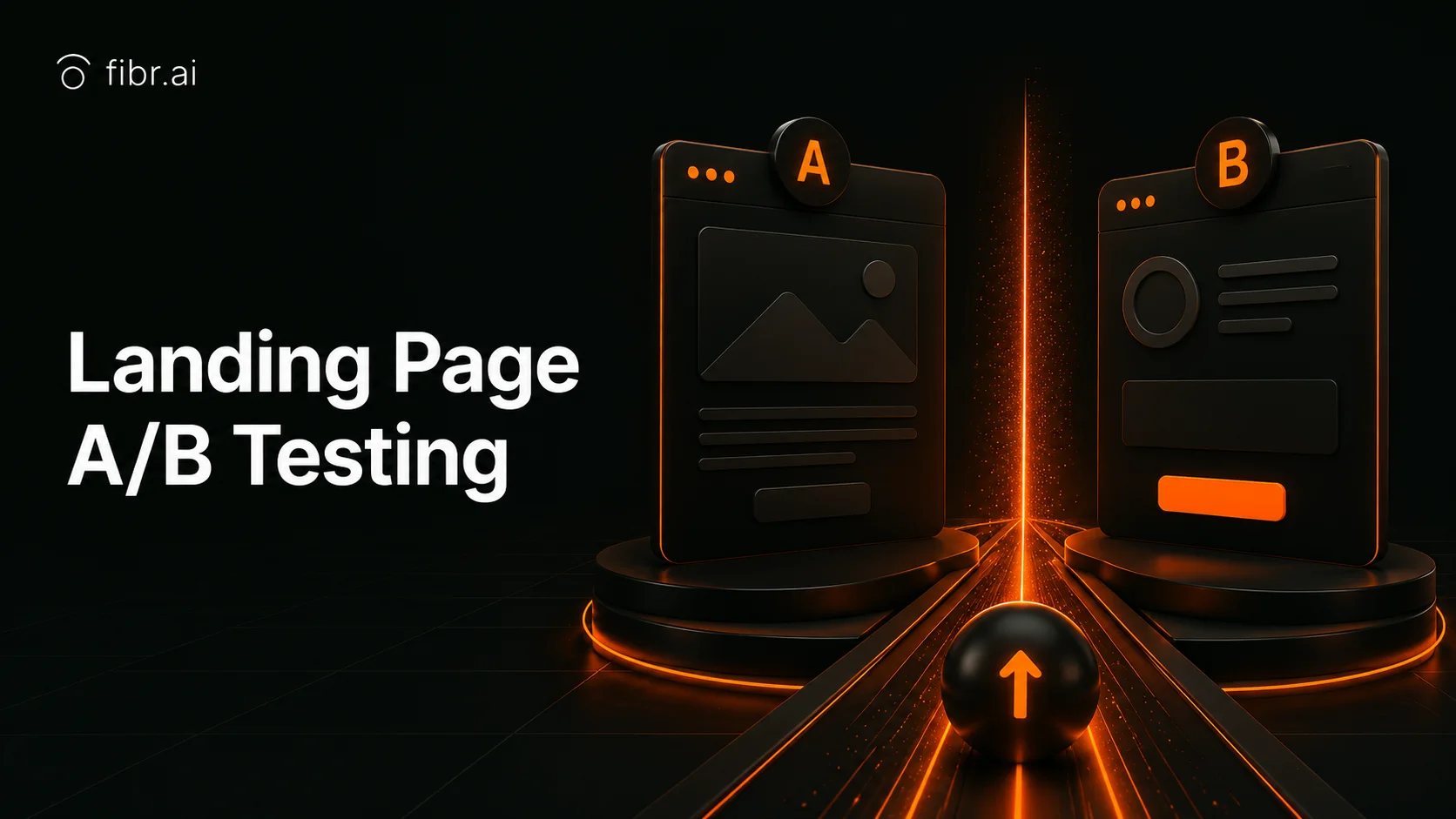 Landing page A/B testing visualization with split-screen page variations, performance analytics, and optimization workflow elements.