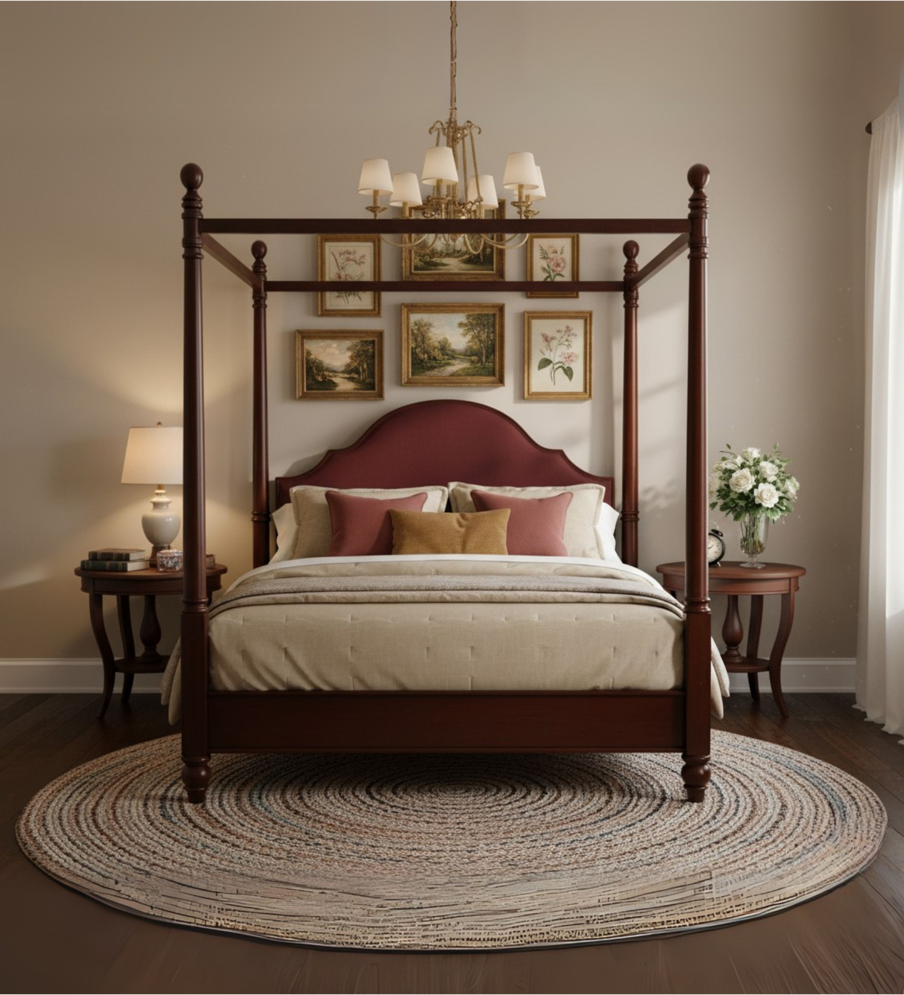Four‑poster bed with curved wooden headboard and decorative top rail
