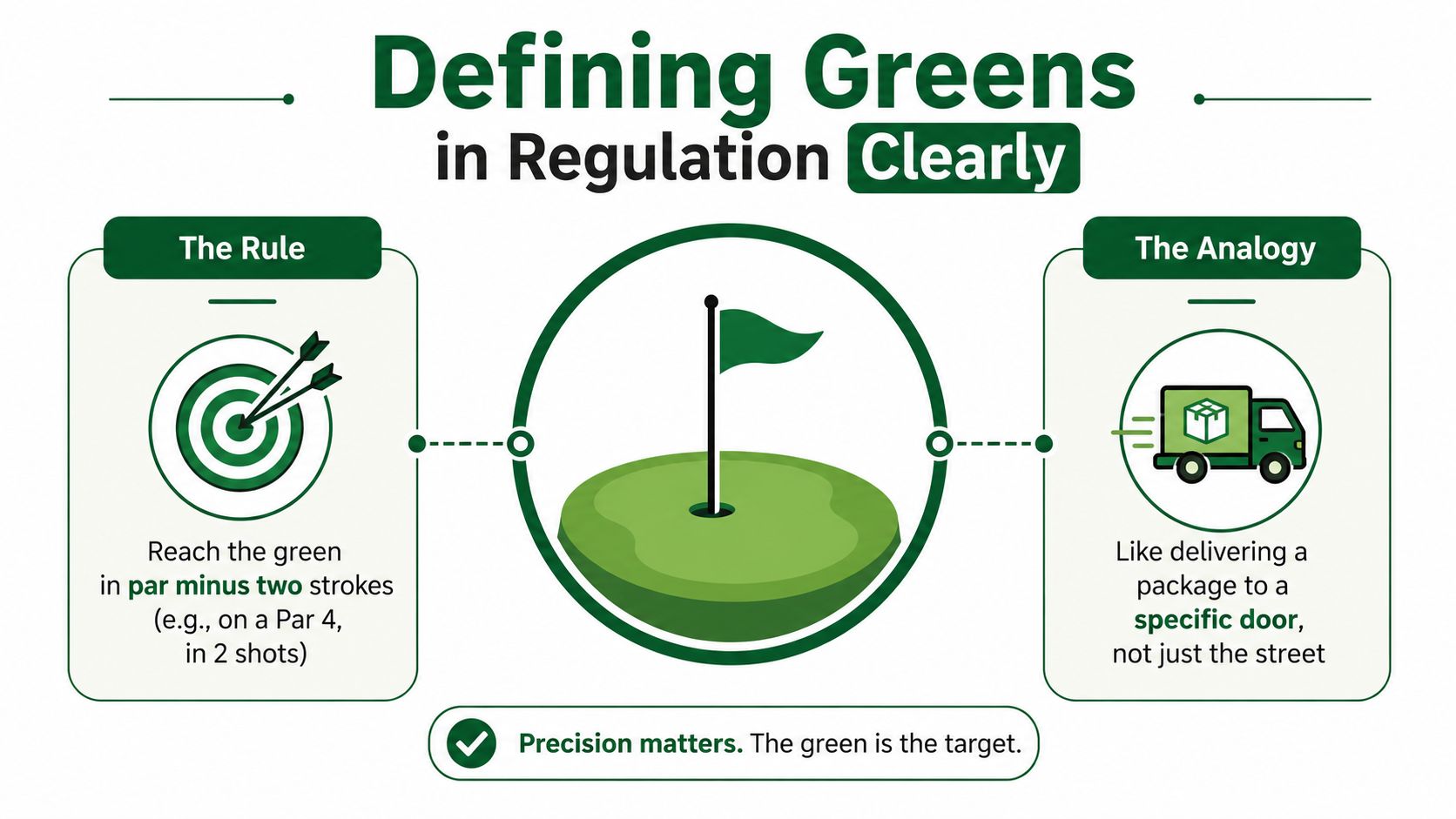 An infographic explaining golf greens in regulation with a rule, an analogy, and a central illustration.