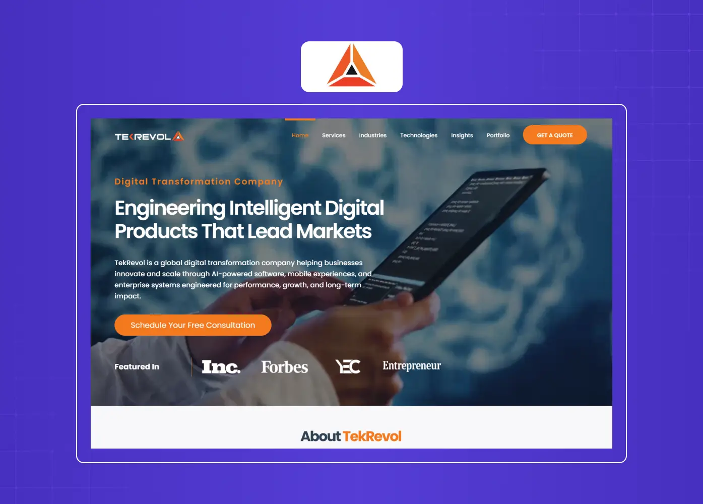 Technology company landing page promoting digital transformation services with trust signals and industry recognition.