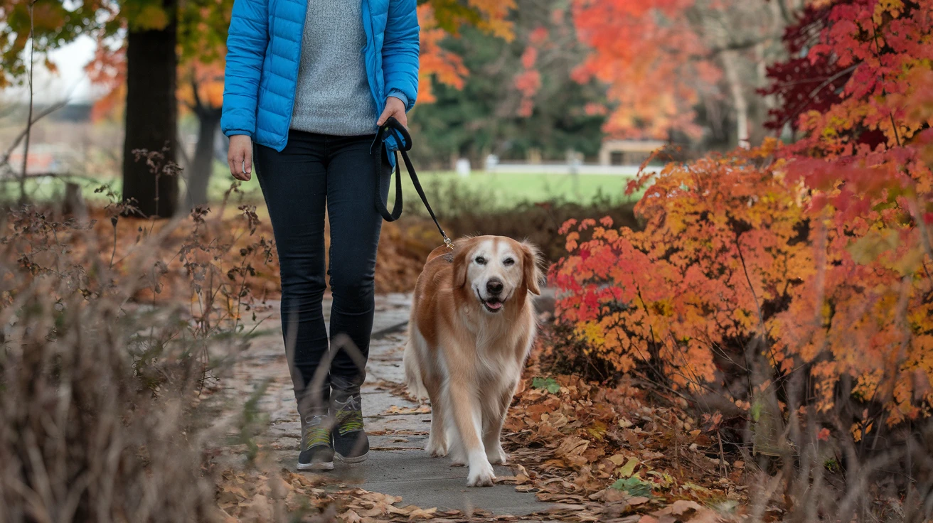 A dog on a walk with his owner during autumn