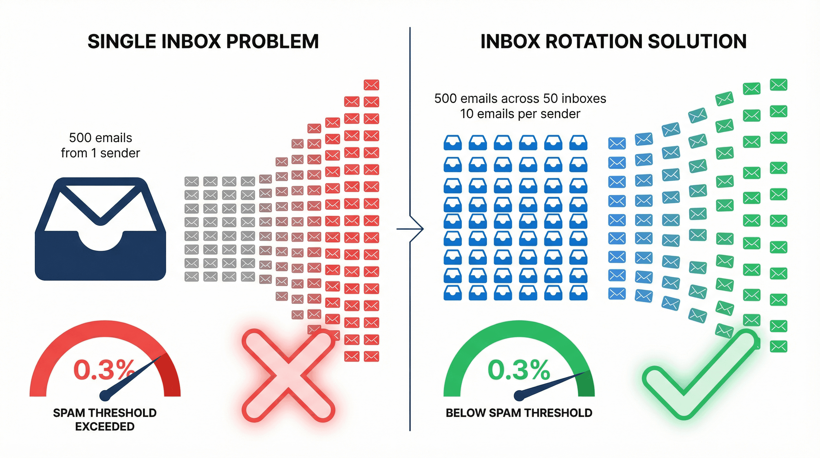 Split-panel infographic comparing single inbox overload triggering spam filters versus distributed inbox rotation maintaining deliverability