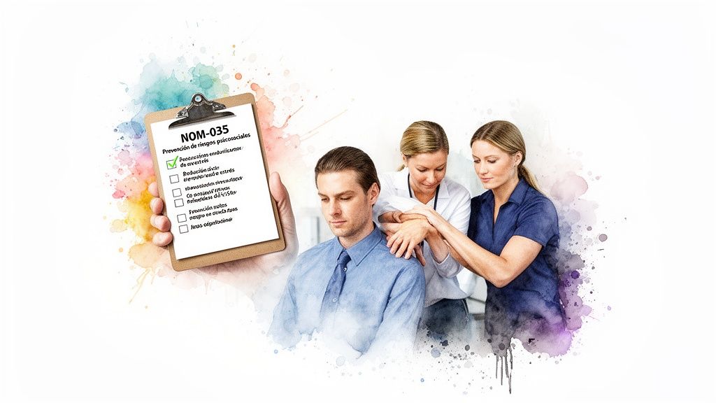 Mano con portapapeles NOM-035, personas recibiendo apoyo para el estrés laboral en oficina.