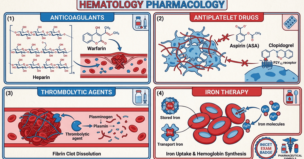 Cover: INICET Hematology Pharmacology Glossary 2026: Anticoagulants, Antiplatelets, Thrombolytics and Iron Therapy — High-Yield Drug Classes and MCQ Mnemonics