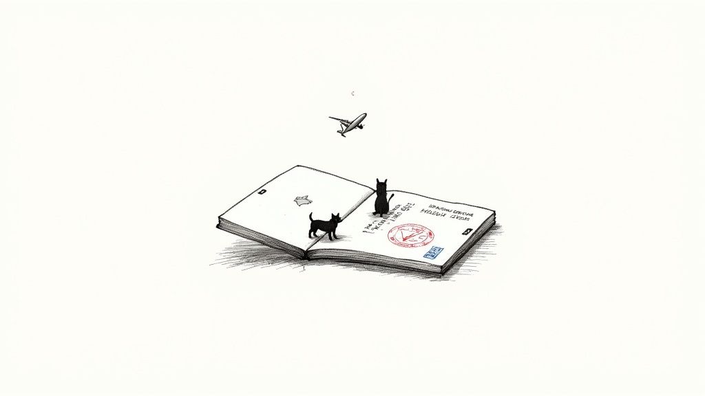 A happy dog with a suitcase, ready for an international adventure