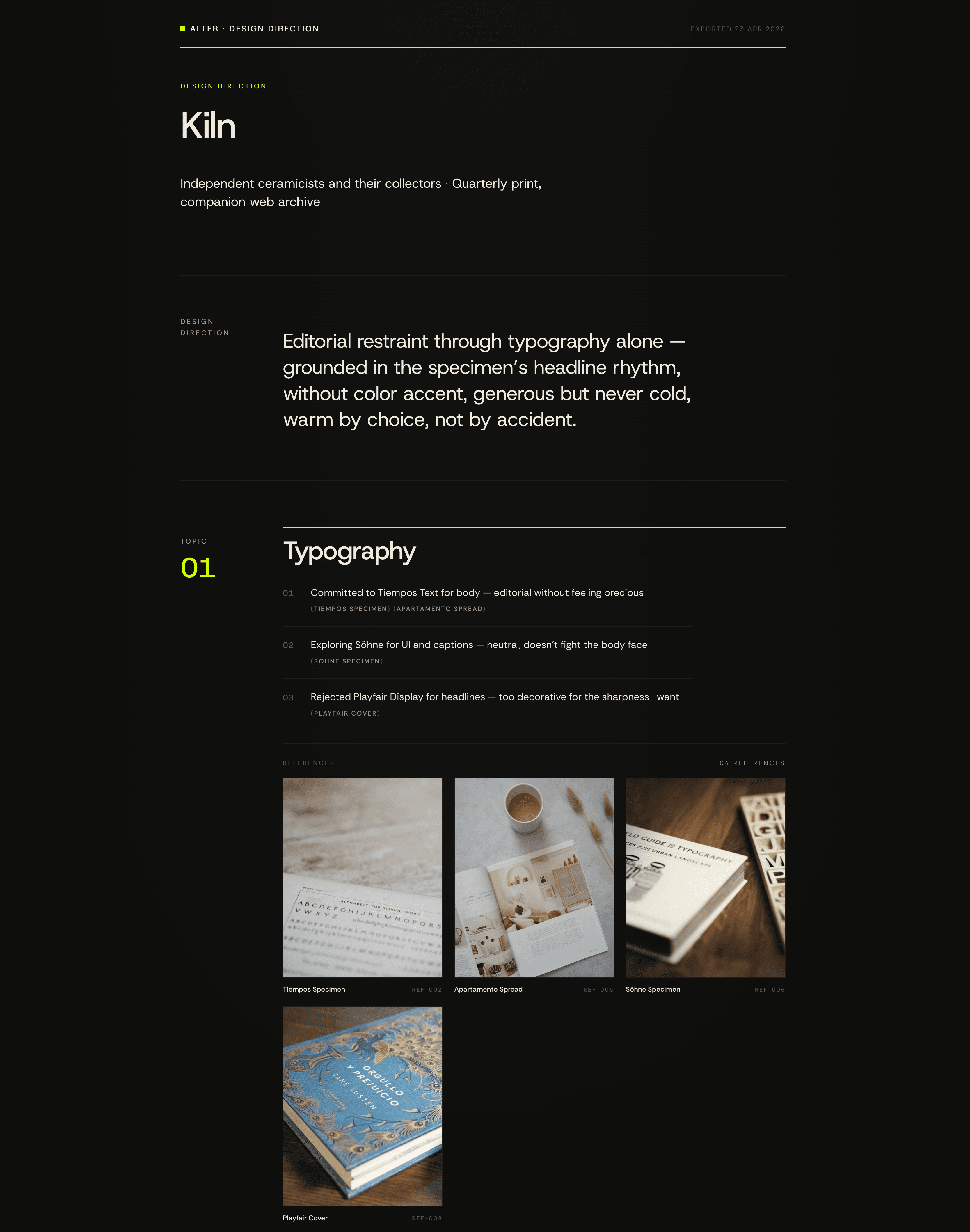 Exported design-direction HTML — cover, thesis, topics, and positions rendered as a typeset editorial document.