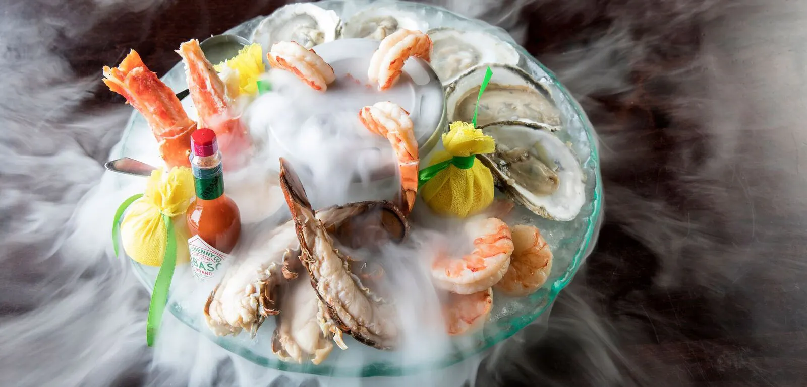 Chilled shellfish display with shrimp, crab and oysters