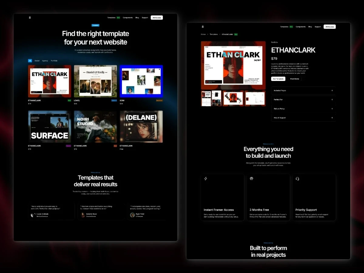 Layout and catalog preview screens included in the Neoplates Framer template.