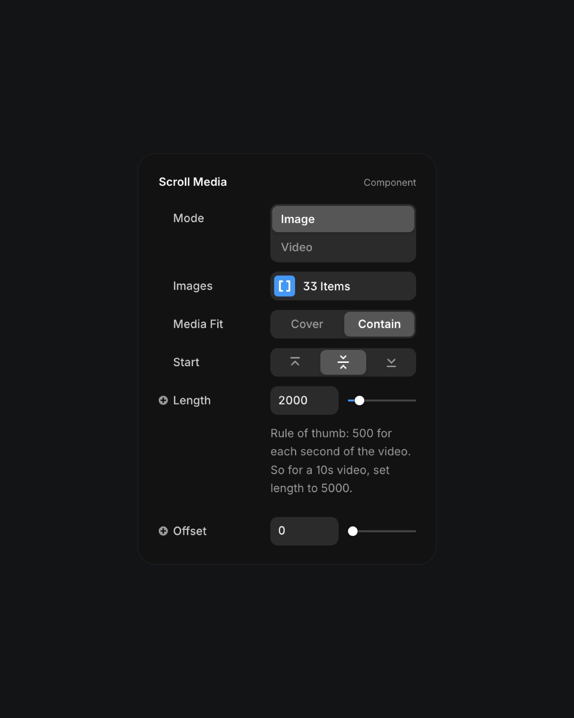 Scroll Media settings for mode, images, media fit, start, length, and offset