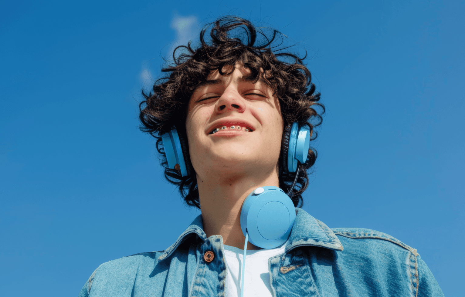 Teen with headphones and a denim jacket.