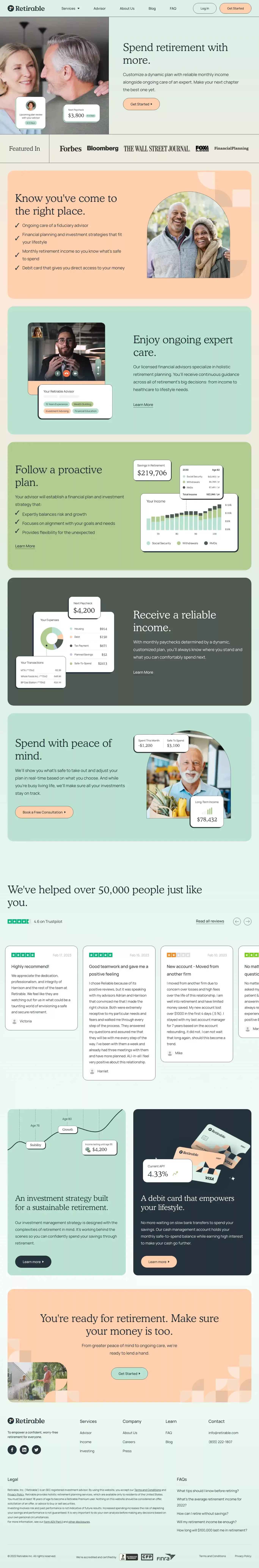 Spend Retirement With More landing page screenshot showcasing Tech and Finance design