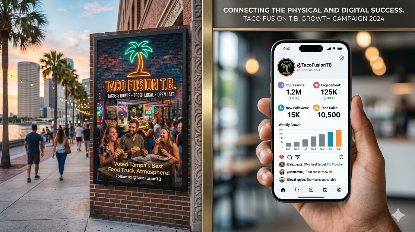 Split view of a Tampa street billboard and a smartphone showing business growth metrics.