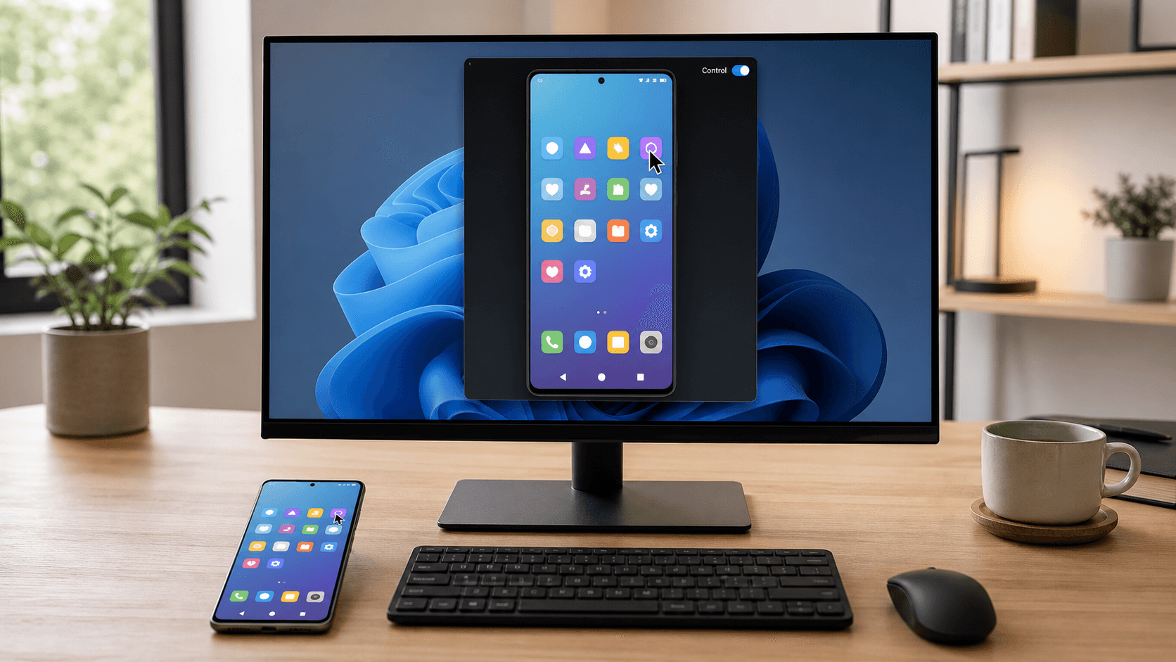 A Windows desktop monitor showing a mirrored Android phone screen with a mouse cursor hovering over an app icon, demonstrating remote control from PC.