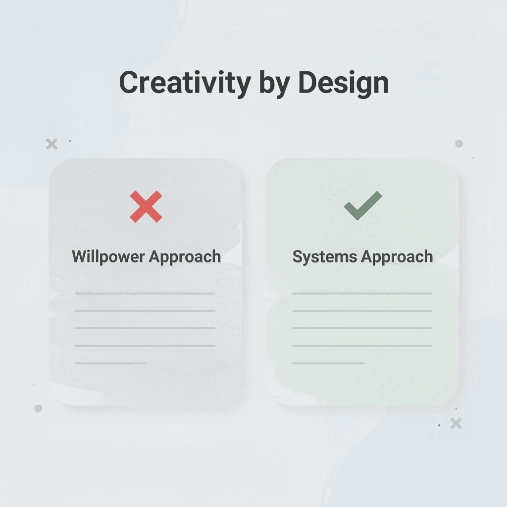 Before and after infographic contrasting willpower versus systems approach to hobby time