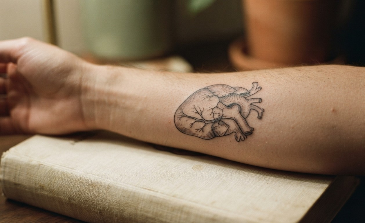 Healed open-line anatomical heart on an inner arm