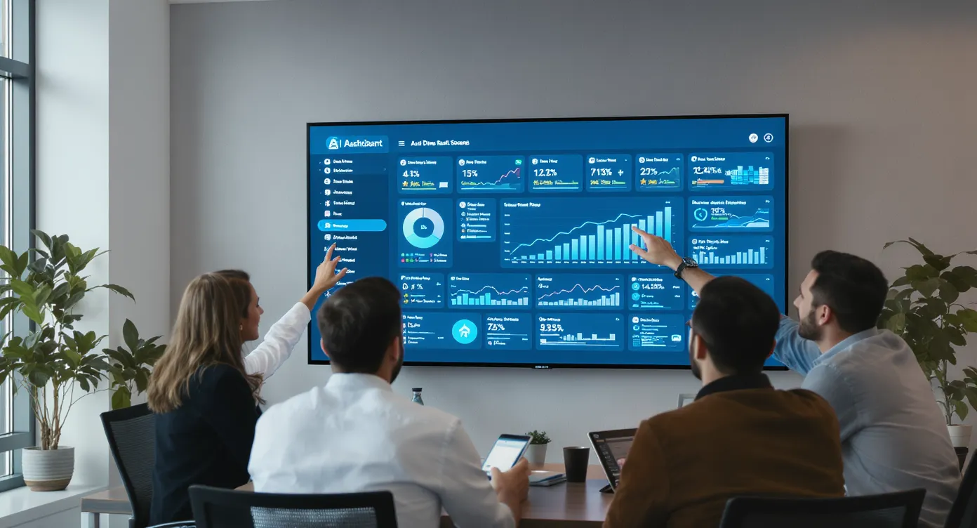 Een startupkantoor waar medewerkers live feedback geven aan een groot scherm met een AI-assistent dashboard met realtime analytics en tevredenheidsscores van gebruikers.