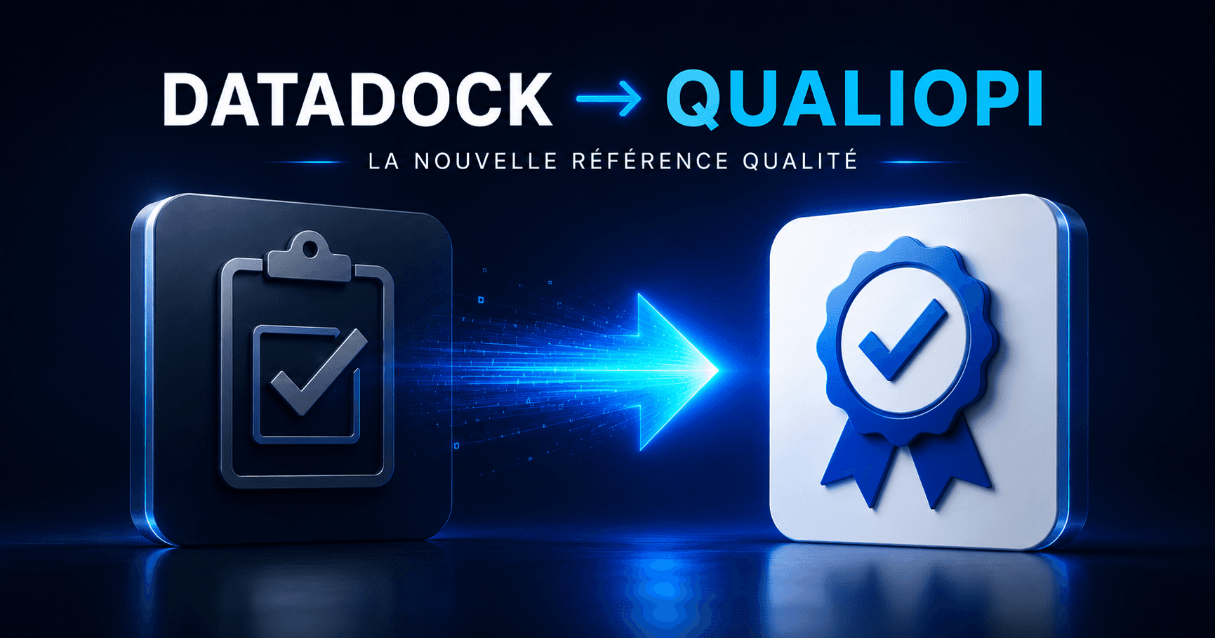 Illustration représentant la transition entre Datadock et Qualiopi pour les organismes de formation souhaitant accéder aux financements publics et mutualisés.
