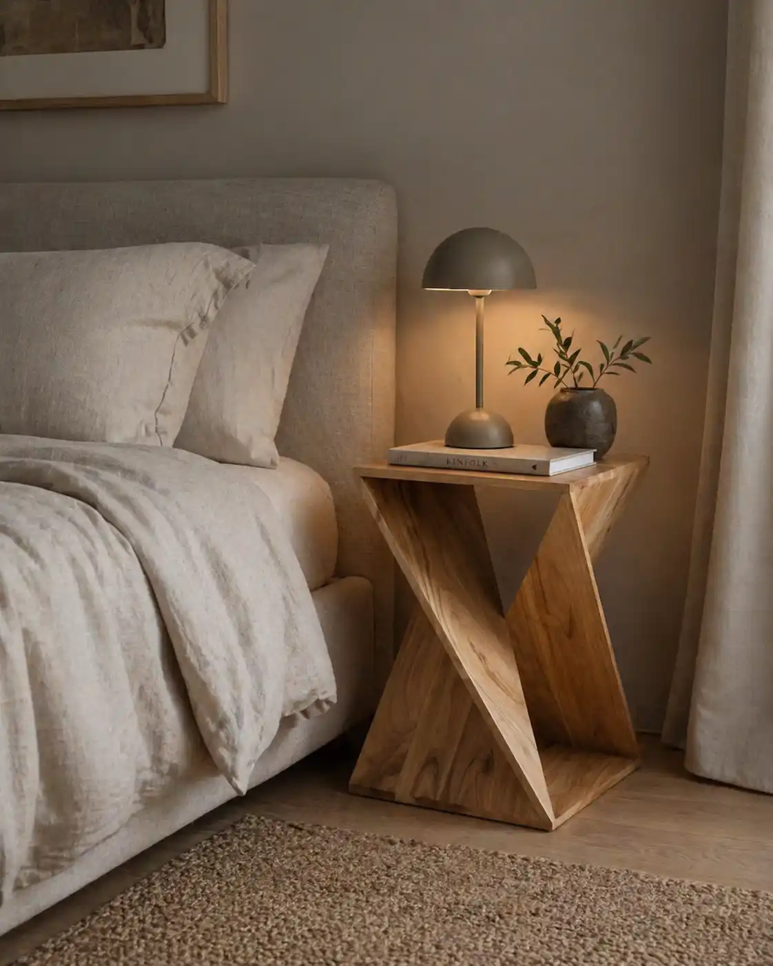 Vridde sidebord i tre ved en seng.