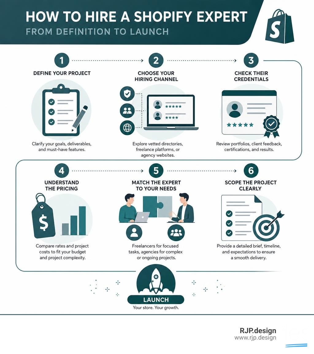 Step-by-step infographic showing the Shopify expert hiring process from defining your project to launch infographic
