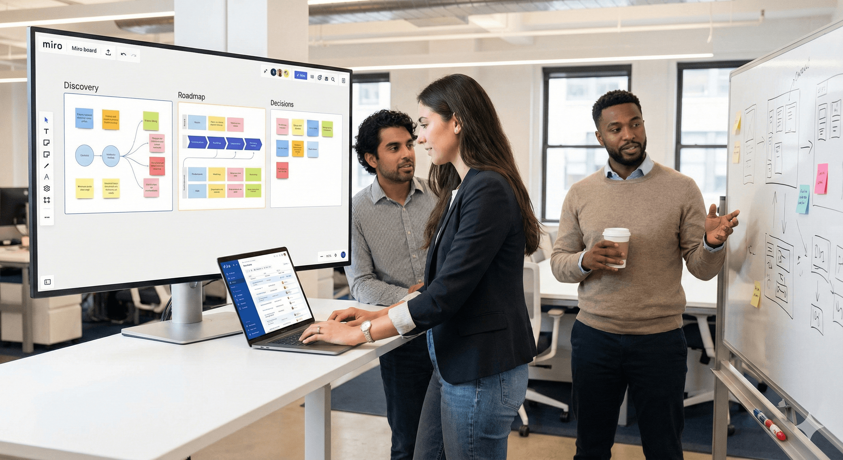 Three colleagues engage in a discussion around a large digital screen and laptop displaying Miro's interface with color-coded charts and sticky notes, exemplifying how Miro transforms product development with AI, collaboration, and public boards in a modern office setting.