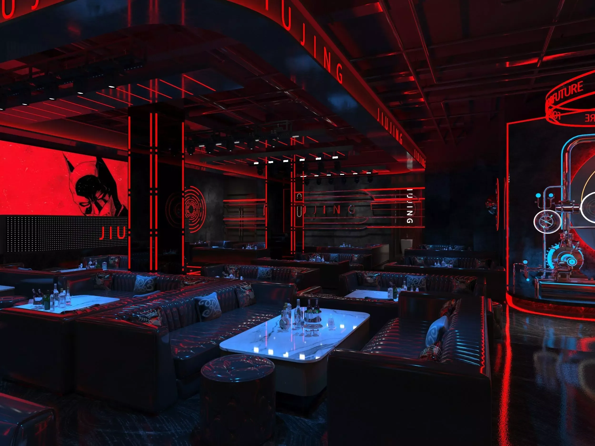 Red neon-lit lounge seating and bar interior at Nocturne Club