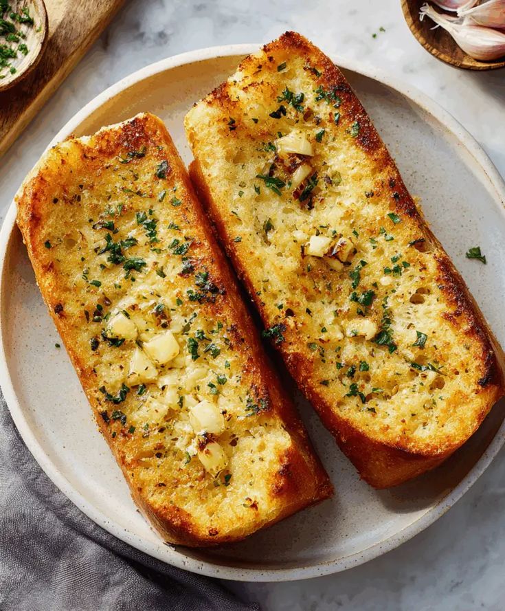 Garlic Bread from Pasta 9 Toronto made with toasted artisan bread brushed with garlic butter, herbs, and olive oil.