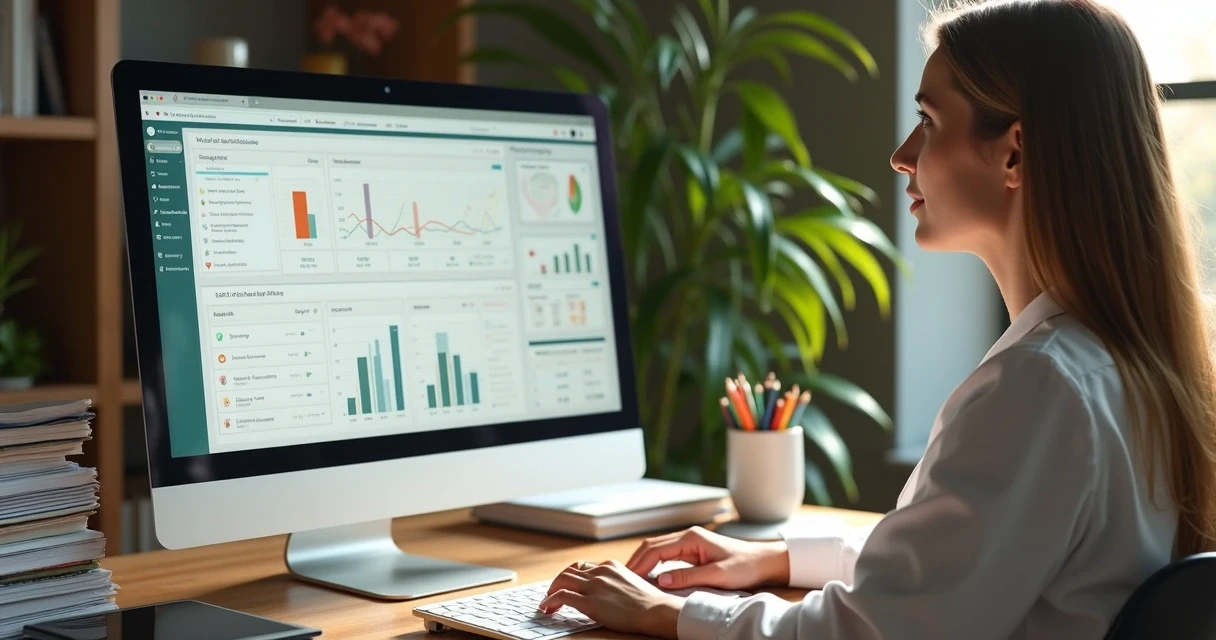 Nutricionista analisa software no consultório, balança digital ao lado 