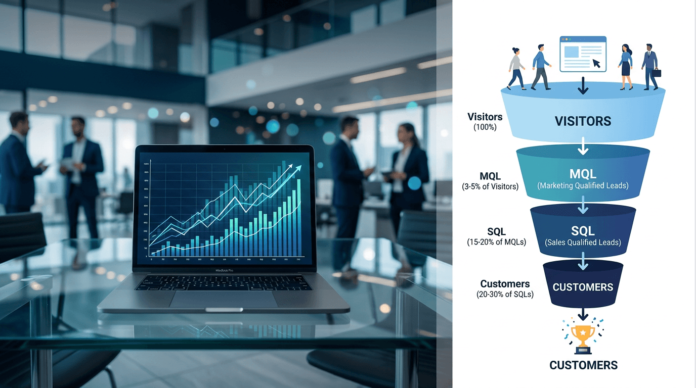 Infográfico do funil de vendas mostrando a transição de visitantes para leads qualificados e clientes.