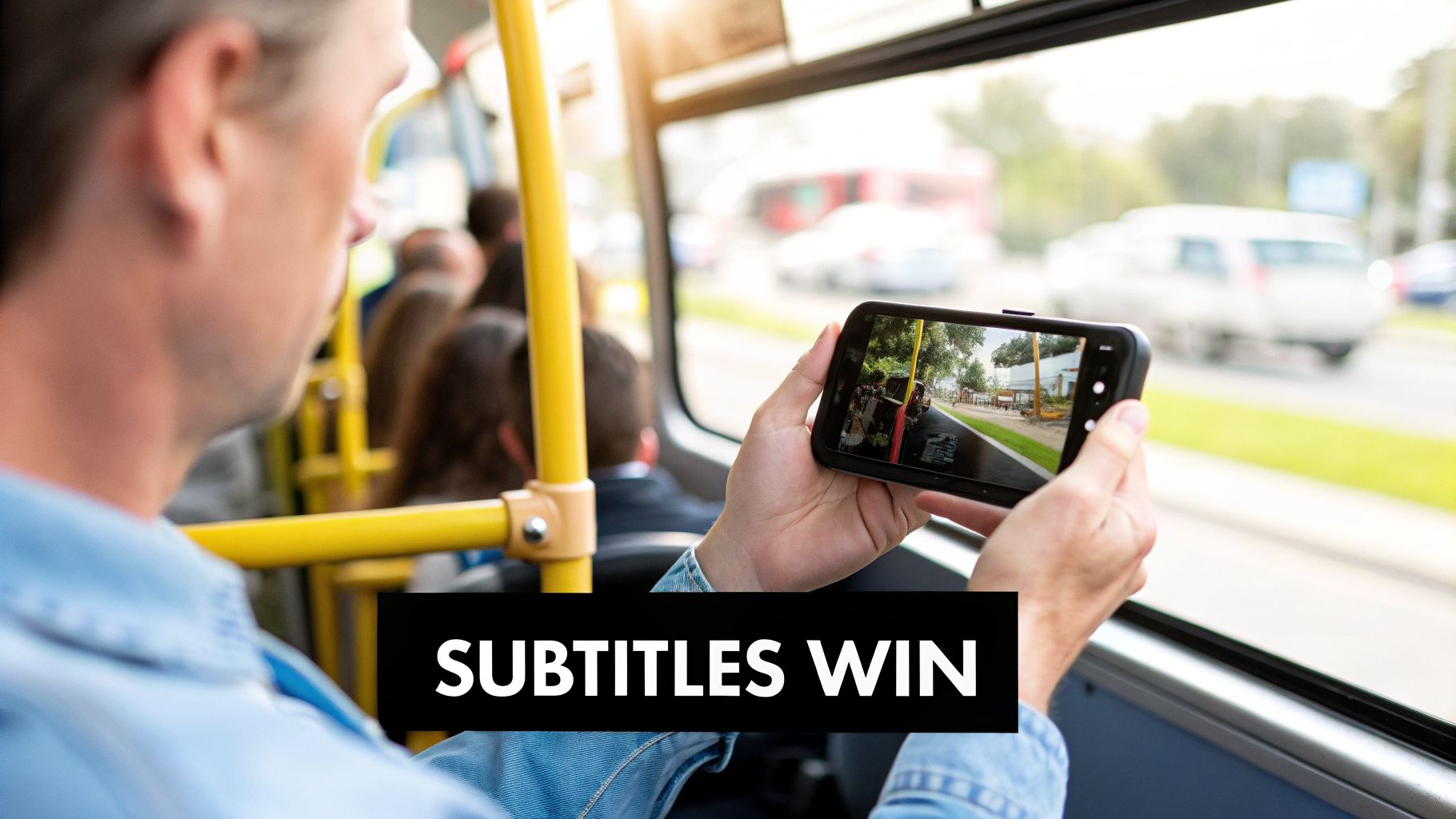 A person on a bus watches a video on a smartphone, with 'SUBTITLES WIN' text overlaid.