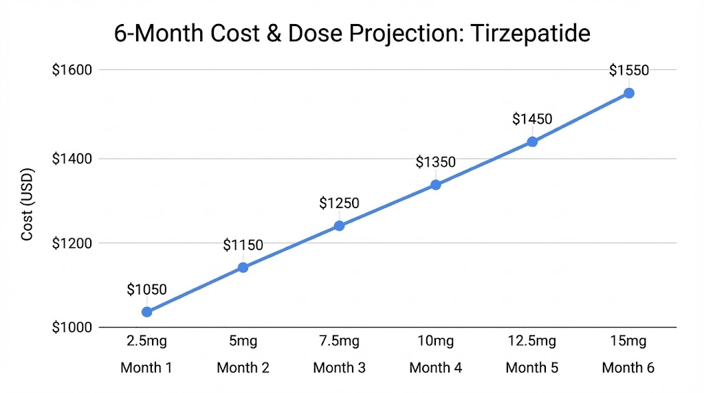 Willow tirzepatide six-month cost projection showing dose escalation pricing