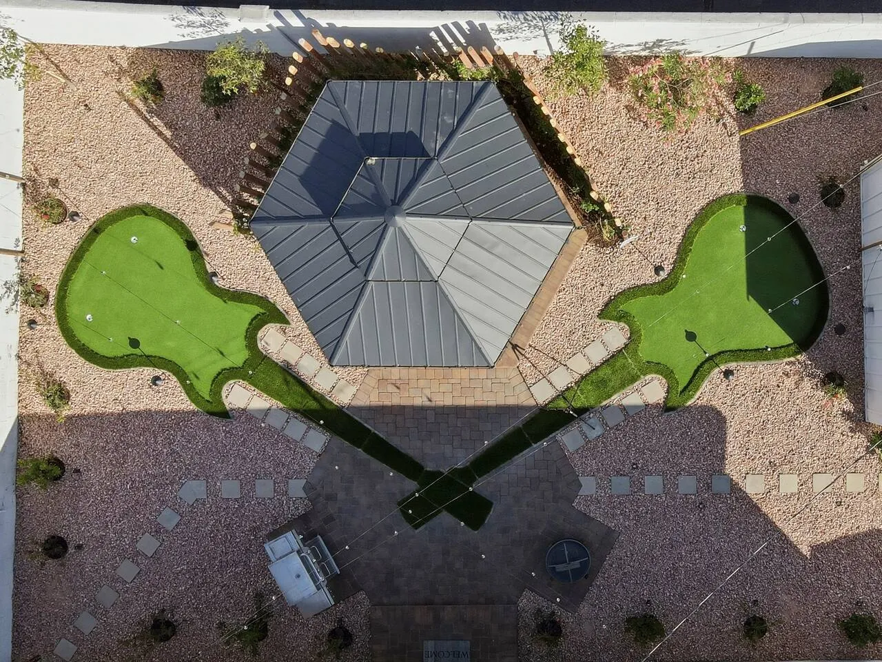 Overhead view of the crossed-guitar putting greens and gazebo, Retro Vegas in North Las Vegas