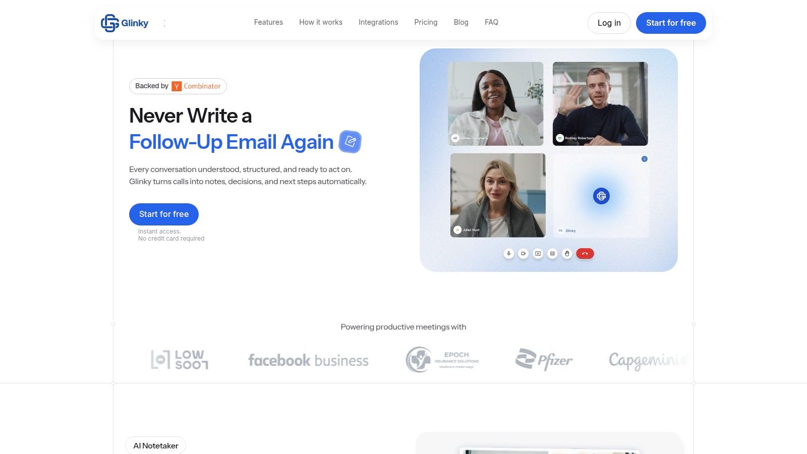 Glinky's landing page highlighting its all-in-one AI sales platform.